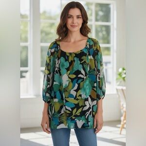 Isaac Mizrahi Green and Blue Floral Blouse